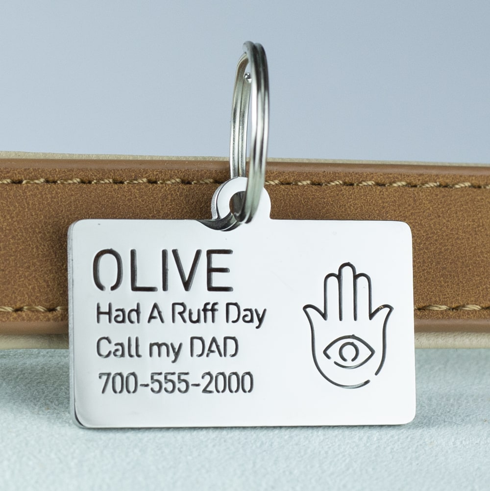 custom hollow laser-cut stainless steel rectangle dog ID tag with hamsa icon with cut-through name lettering