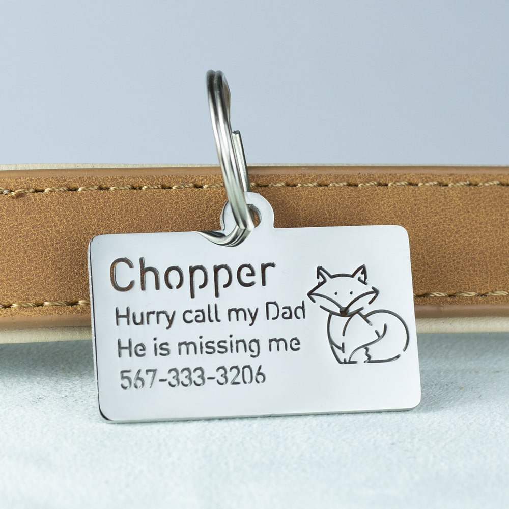 custom hollow laser-cut stainless steel rectangle dog ID tag with fox icon with cut-through name lettering