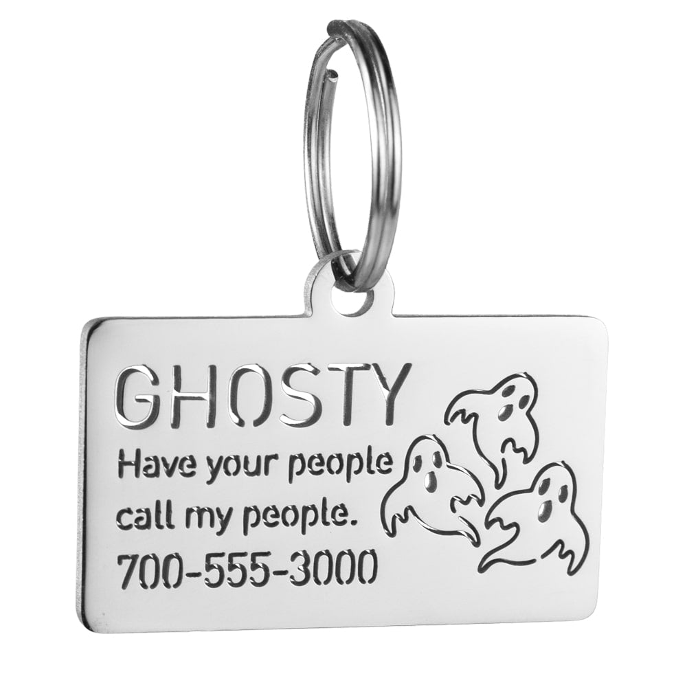 custom hollow laser-cut stainless steel rectangle dog ID tag with ghost icon with cut-through name lettering