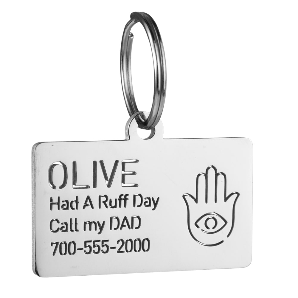 custom hollow laser-cut stainless steel rectangle dog ID tag with hamsa icon with cut-through name lettering