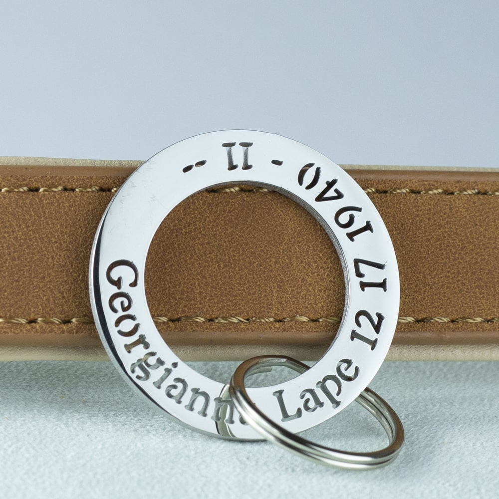 custom hollow laser-cut stainless steel ring dog ID tag with cut-through name lettering