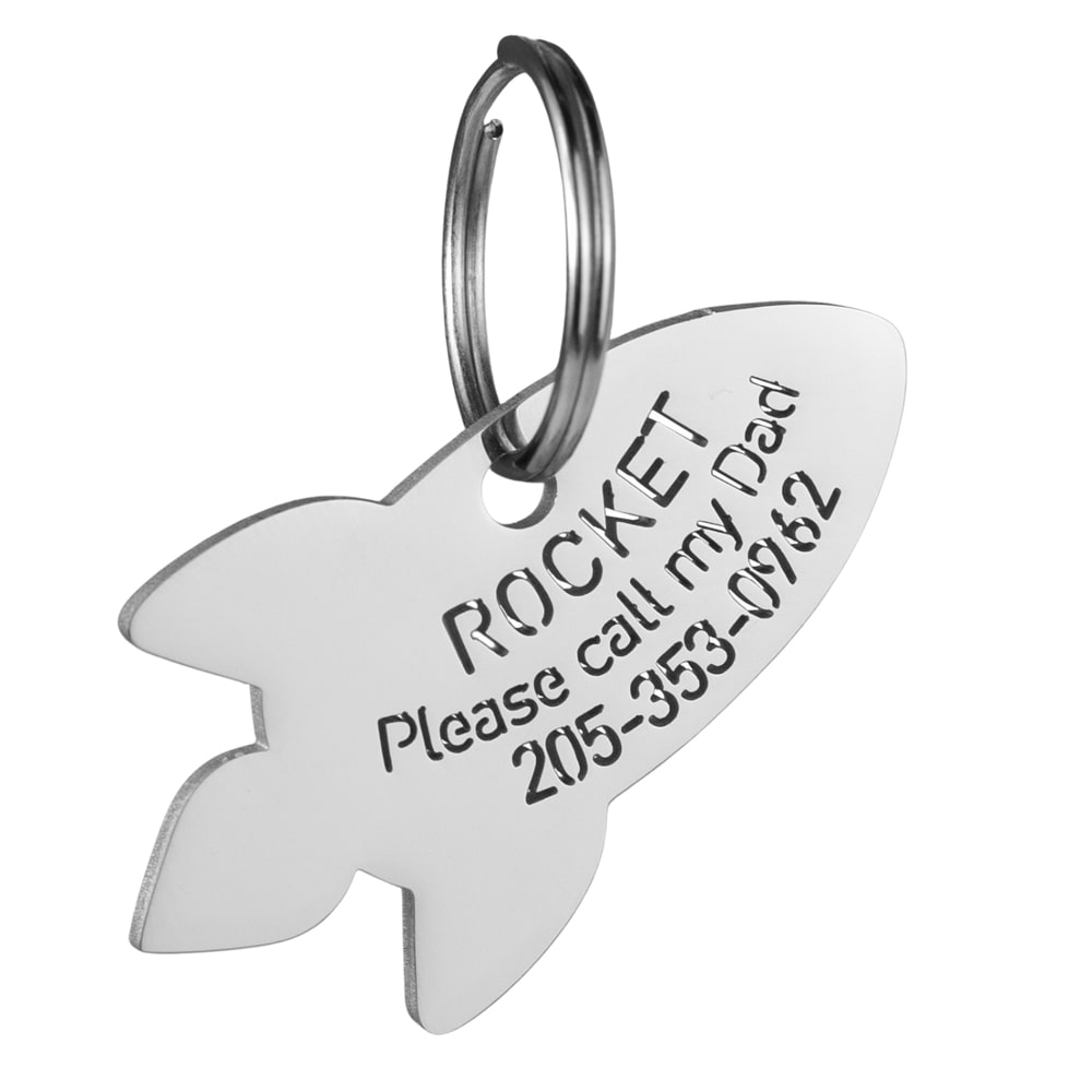 custom hollow laser-cut stainless steel rocket dog ID tag with cut-through name lettering