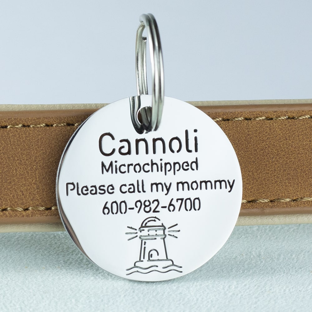 custom hollow laser-cut stainless steel round dog ID tag with lighthouse icon with cut-through name lettering