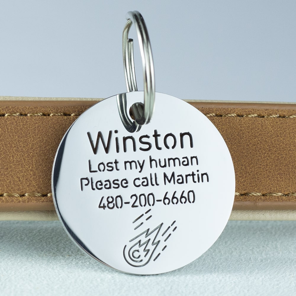 custom hollow laser-cut stainless steel round dog ID tag with comet icon with cut-through name lettering