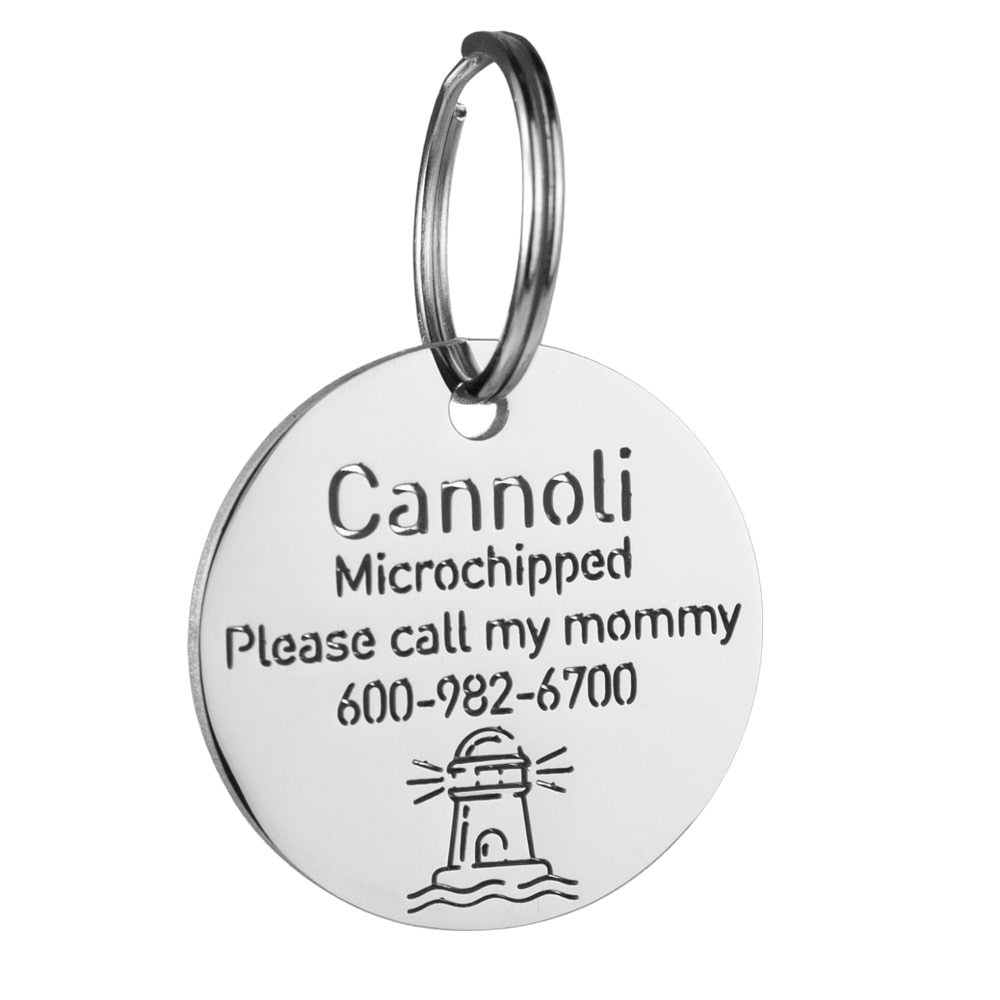 custom hollow laser-cut stainless steel round dog ID tag with lighthouse icon with cut-through name lettering
