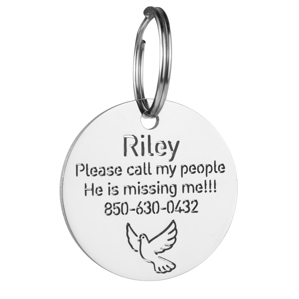 custom hollow laser-cut stainless steel round dog ID tag with pigeon icon with cut-through name lettering