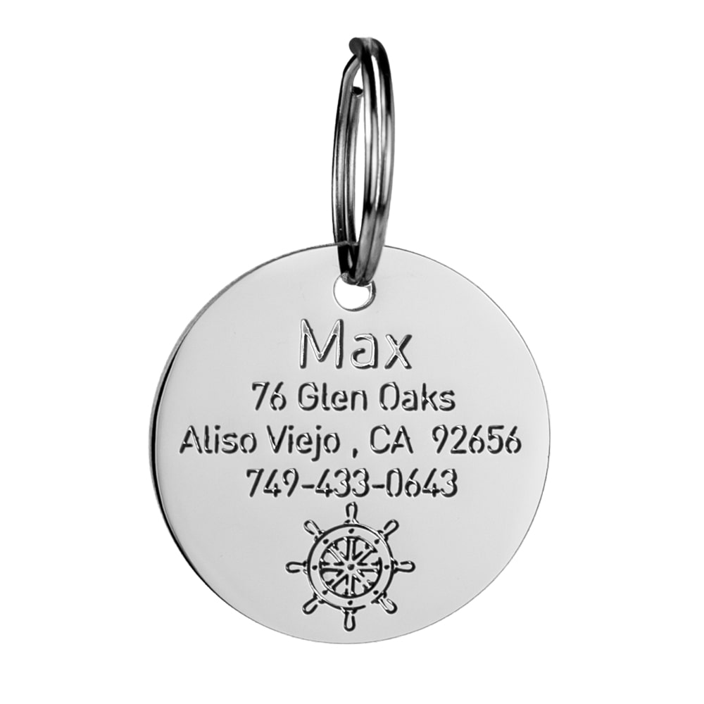 custom hollow laser-cut stainless steel round dog ID tag with rudder icon with cut-through name lettering