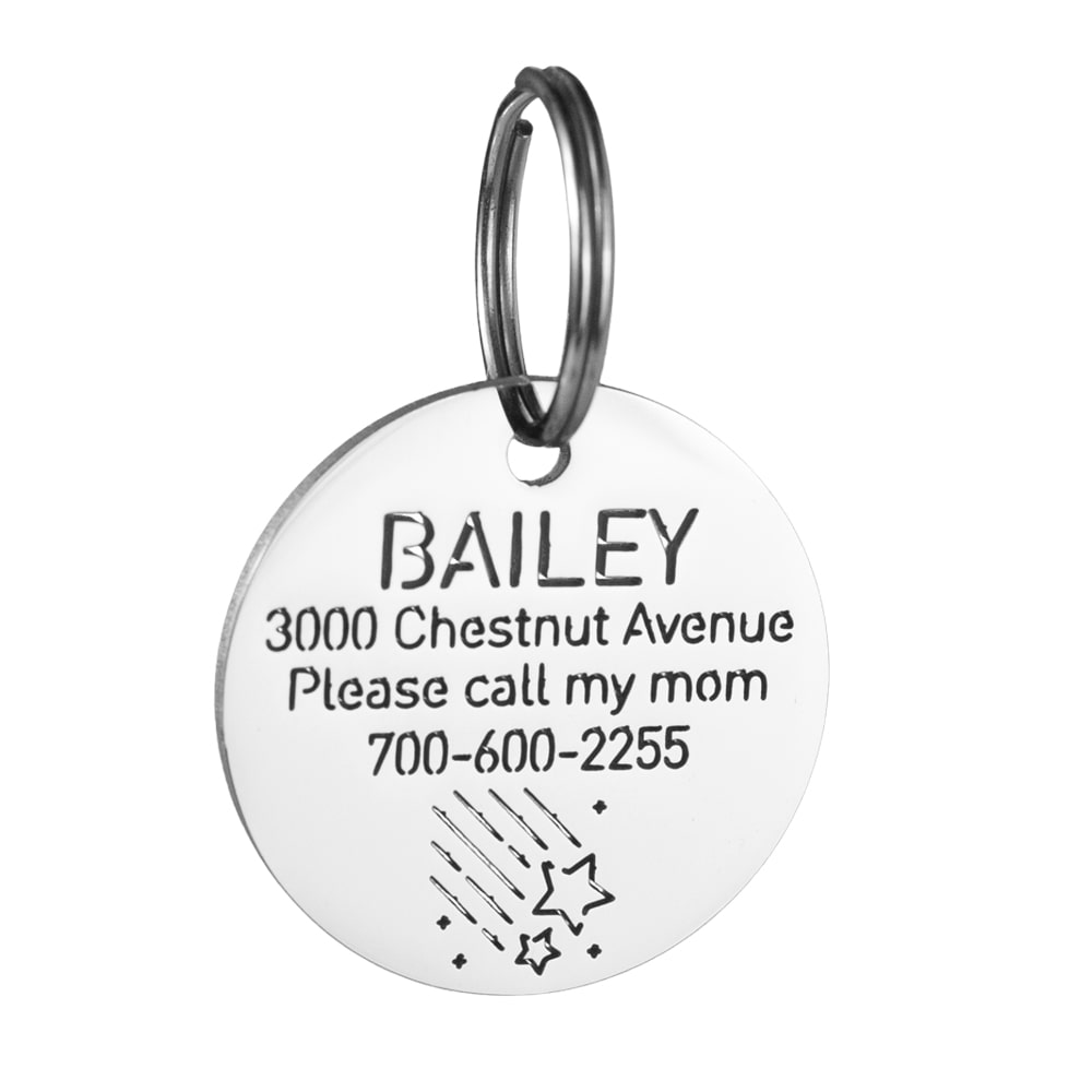 custom hollow laser-cut stainless steel round dog ID tag with shooting star icon with cut-through name lettering