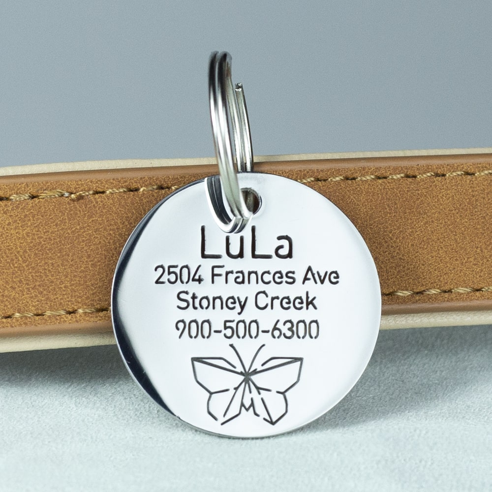 custom hollow laser-cut stainless steel round dog ID tag with butterfly icon with cut-through name lettering