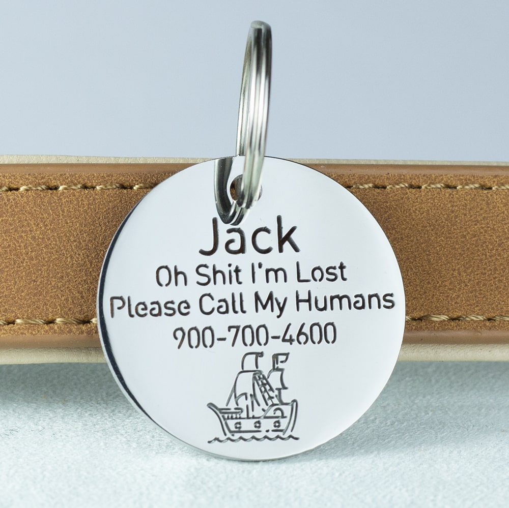 custom hollow laser-cut stainless steel round dog ID tag with pirate ship icon with cut-through name lettering