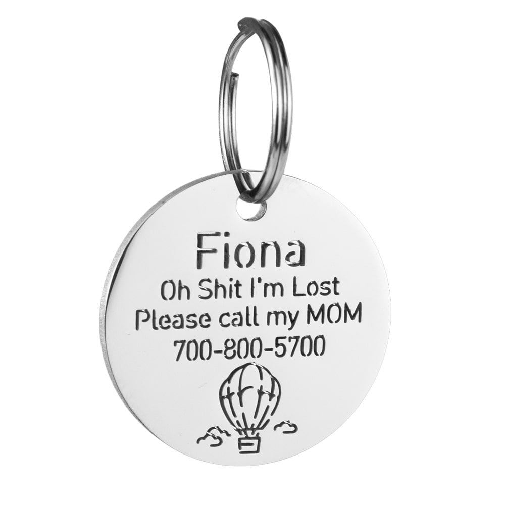 custom hollow laser-cut stainless steel round dog ID tag with balloon icon with cut-through name lettering