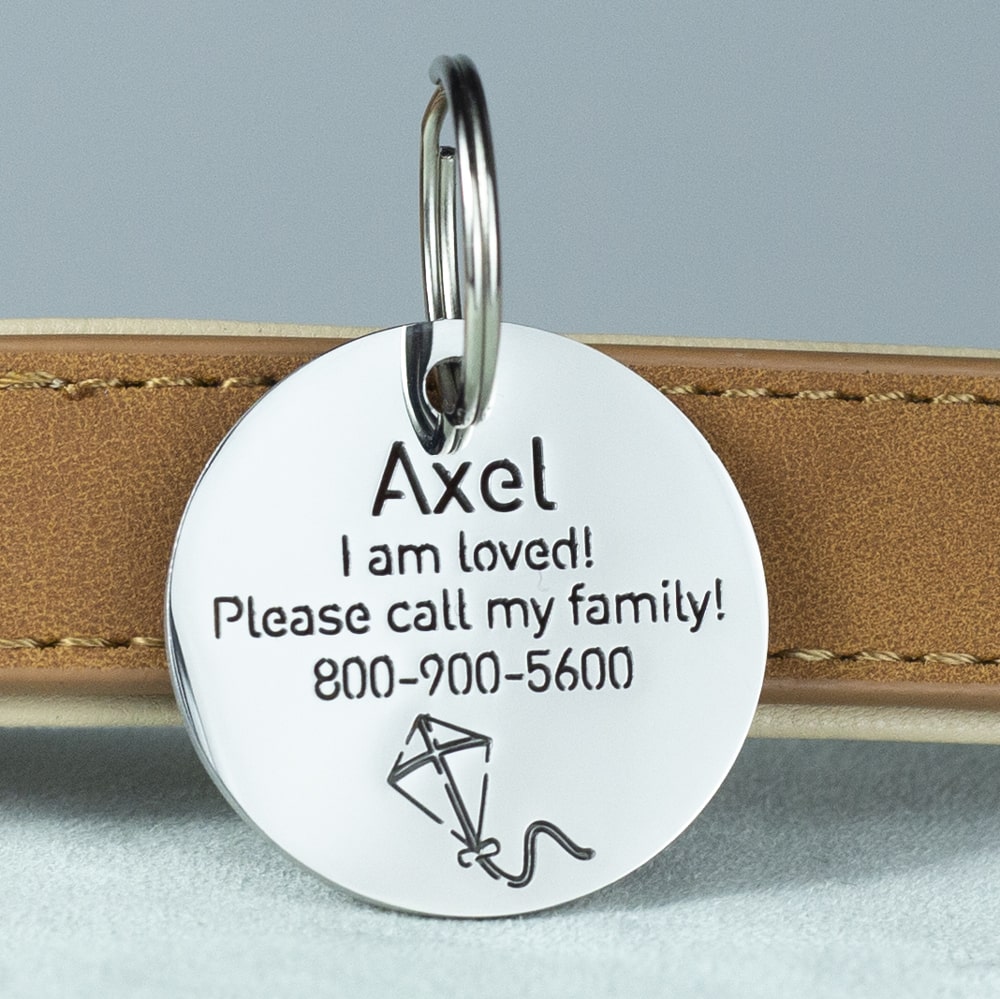 custom hollow laser-cut stainless steel round dog ID tag with kite icon with cut-through name lettering