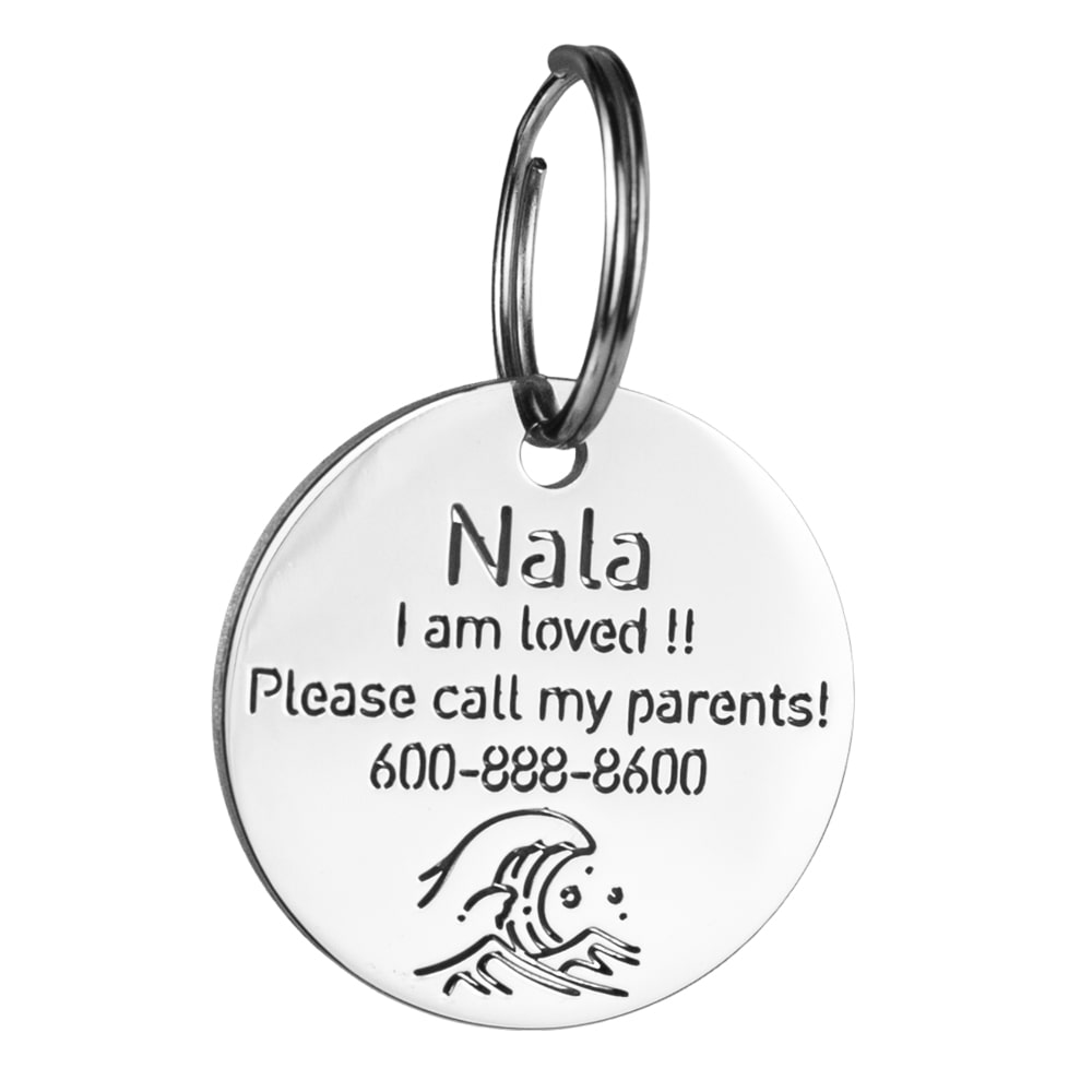 custom hollow laser-cut stainless steel round dog ID tag with waves icon with cut-through name lettering