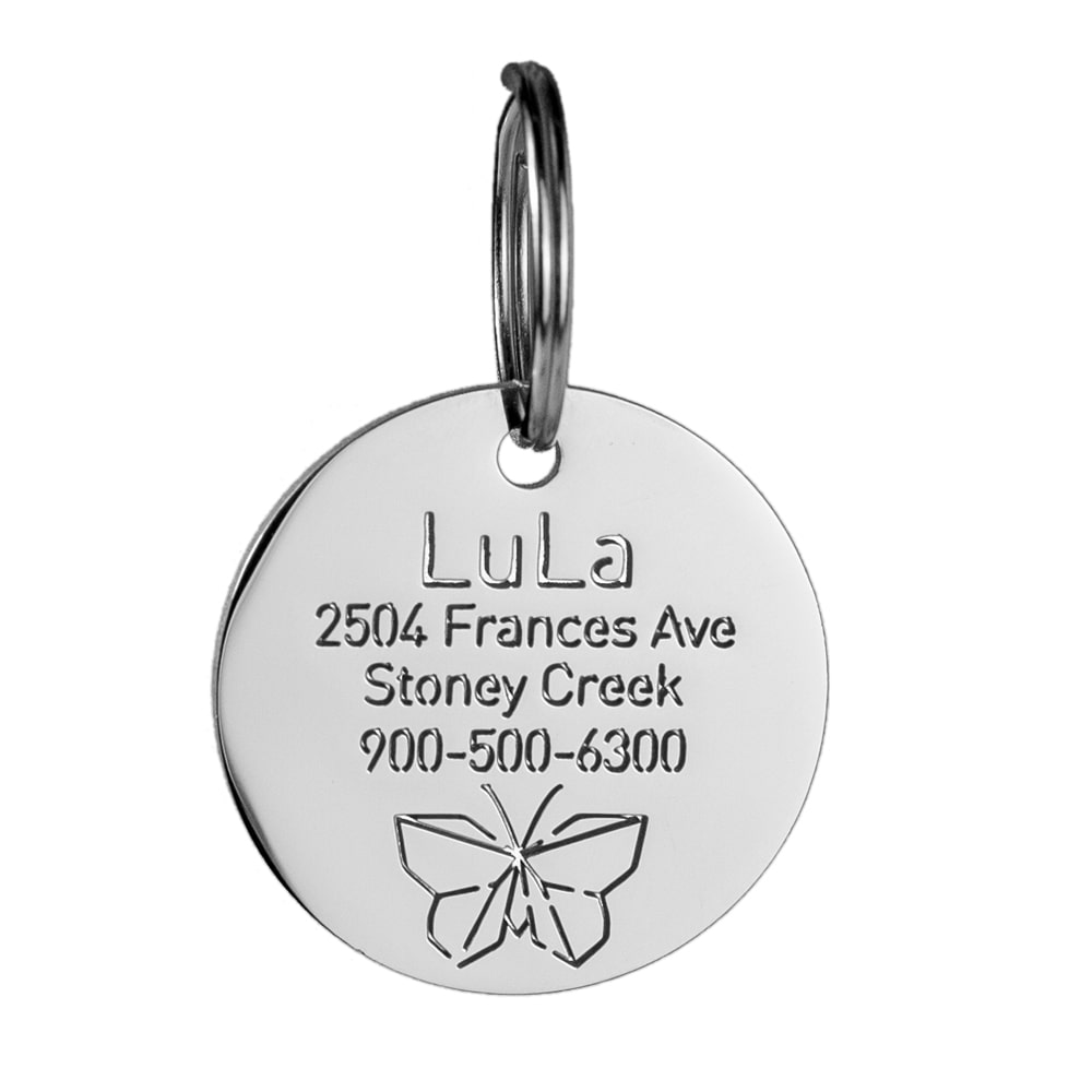 custom hollow laser-cut stainless steel round dog ID tag with butterfly icon with cut-through name lettering