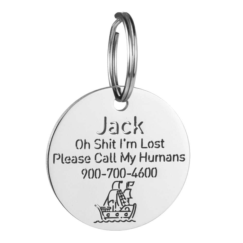 custom hollow laser-cut stainless steel round dog ID tag with pirate ship icon with cut-through name lettering