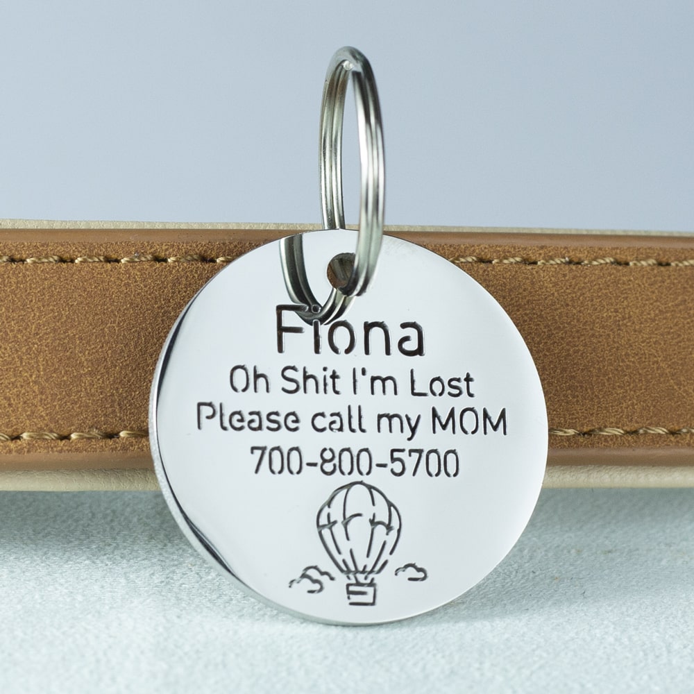 custom hollow laser-cut stainless steel round dog ID tag with balloon icon with cut-through name lettering