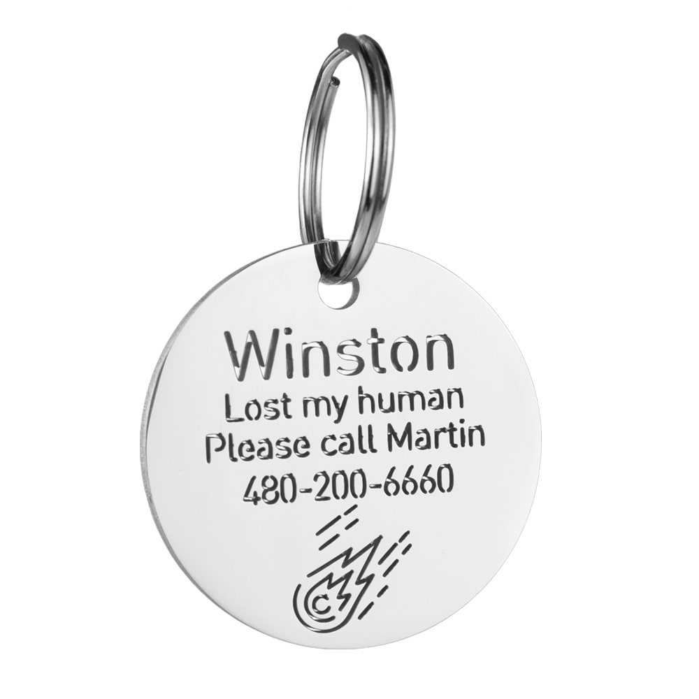 custom hollow laser-cut stainless steel round dog ID tag with comet icon with cut-through name lettering