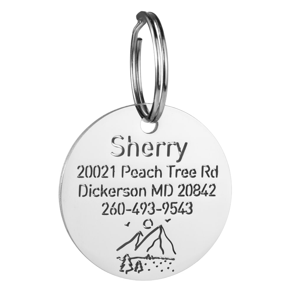 custom hollow laser-cut stainless steel round dog ID tag with hills icon with cut-through name lettering