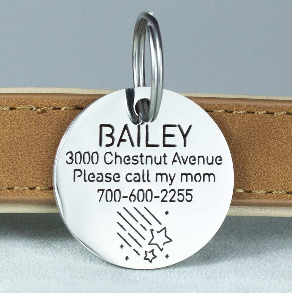 custom hollow laser-cut stainless steel round dog ID tag with shooting star icon with cut-through name lettering