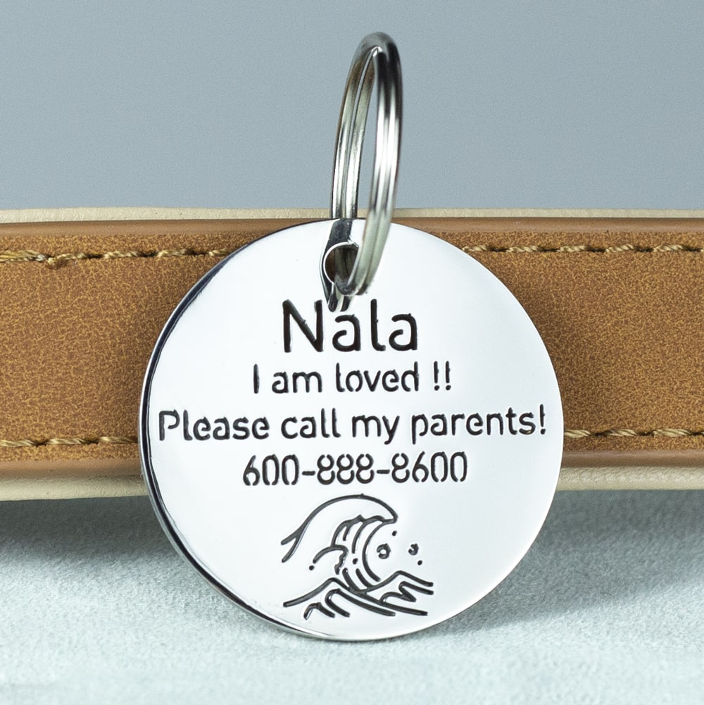 custom hollow laser-cut stainless steel round dog ID tag with waves icon with cut-through name lettering