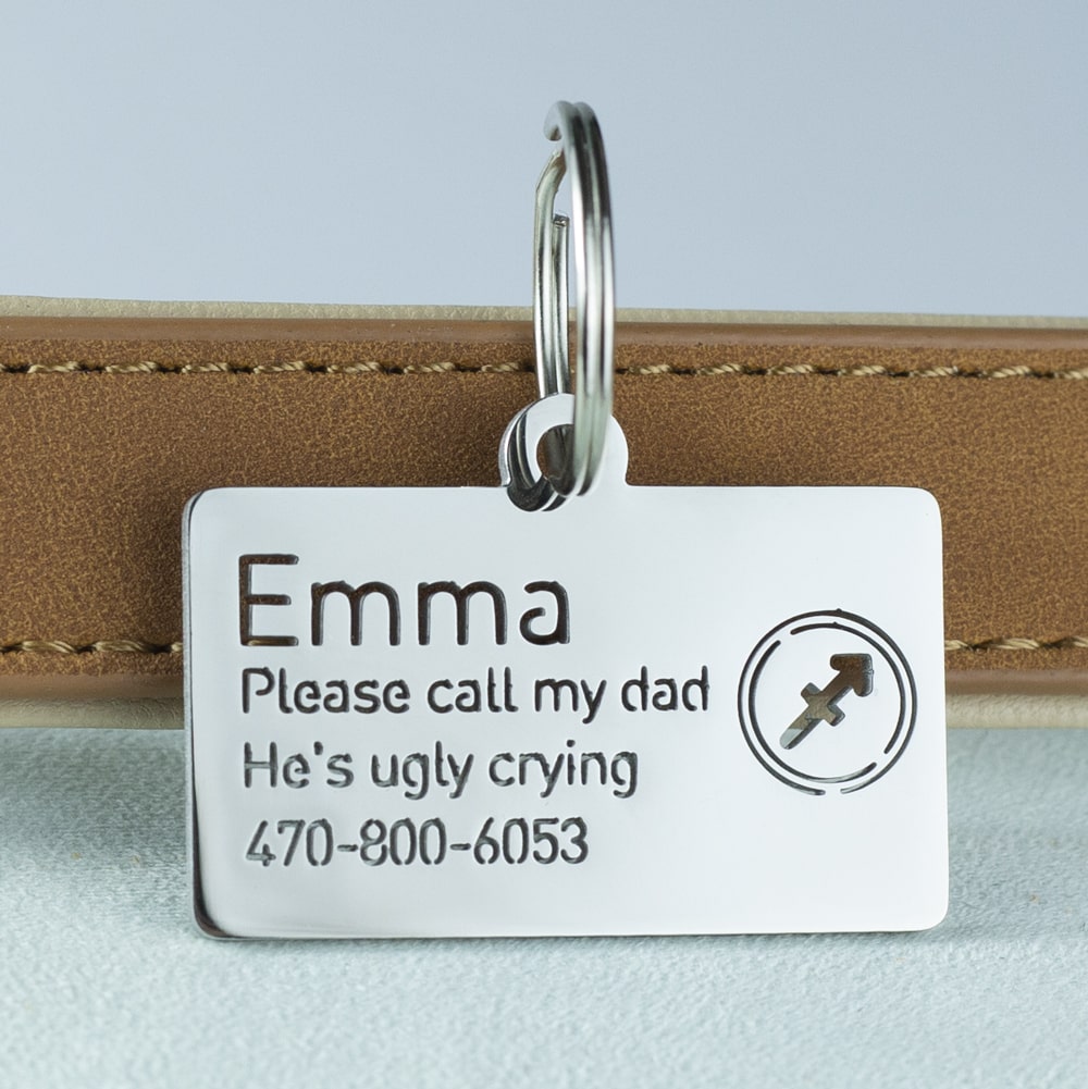 custom hollow laser-cut stainless steel sagittarius zodiac dog ID tag with cut-through name lettering