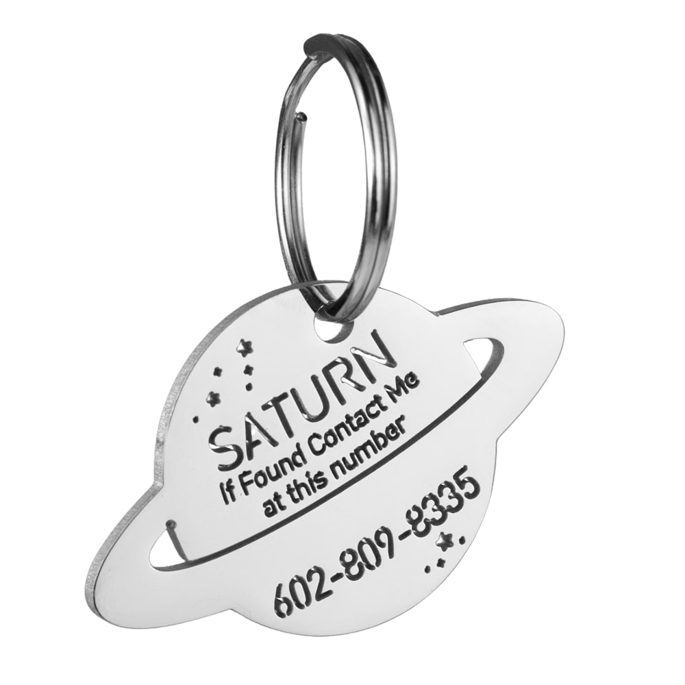 custom hollow laser-cut stainless steel saturn dog ID tag with cut-through name lettering