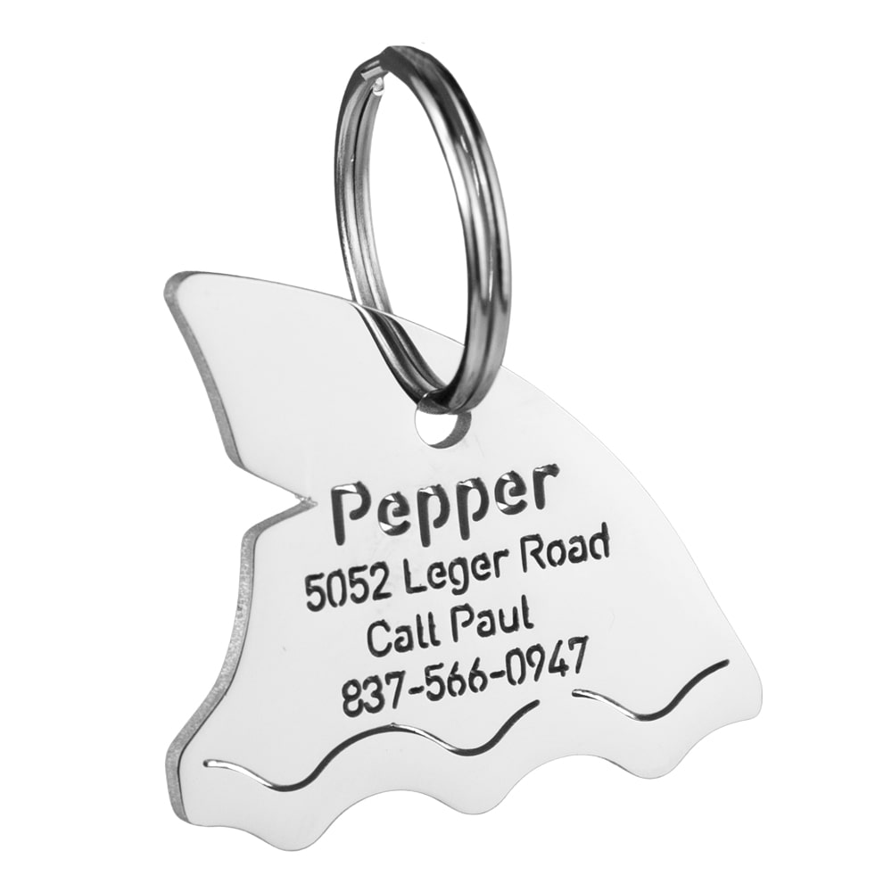 custom hollow laser-cut stainless steel shark dog ID tag with cut-through name lettering