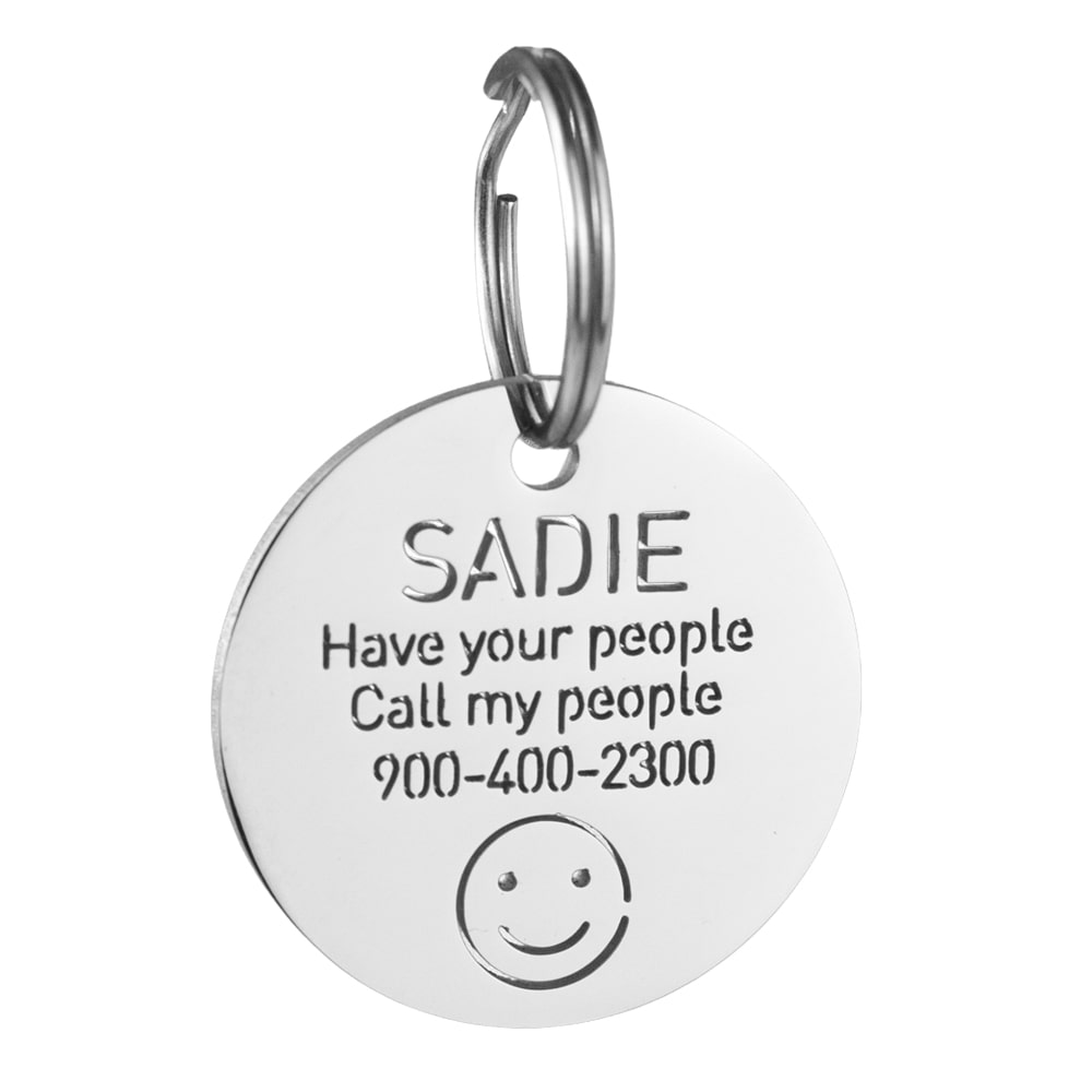 custom hollow laser-cut stainless steel smile dog ID tag with cut-through name lettering