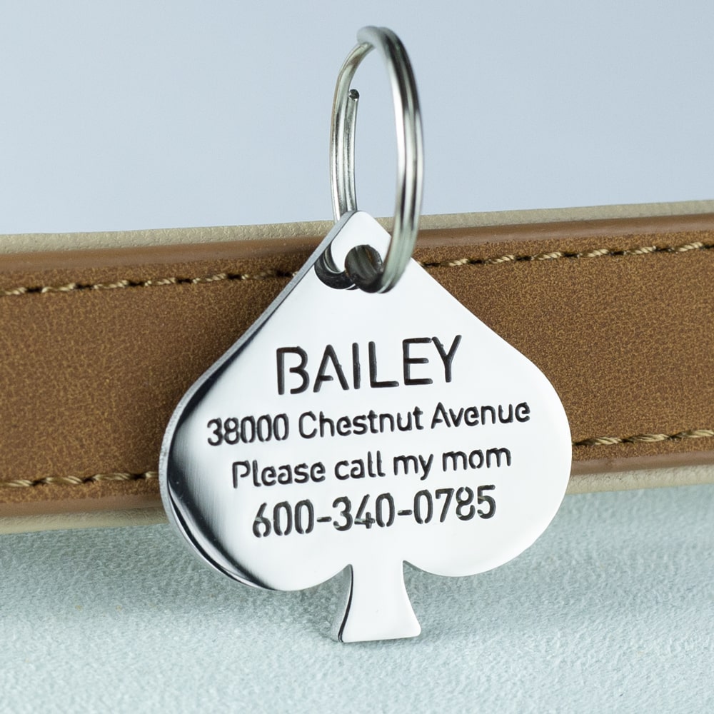 custom hollow laser-cut stainless steel spades dog ID tag with cut-through name lettering