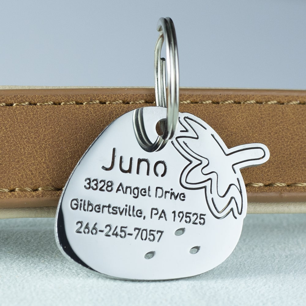 custom hollow laser-cut stainless steel strawberry dog ID tag with cut-through name lettering