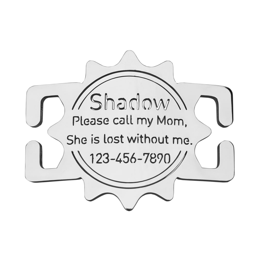 custom laser-cut stainless steel sun shaped slide-on dog ID tag shown flat on a collar, with name engraving