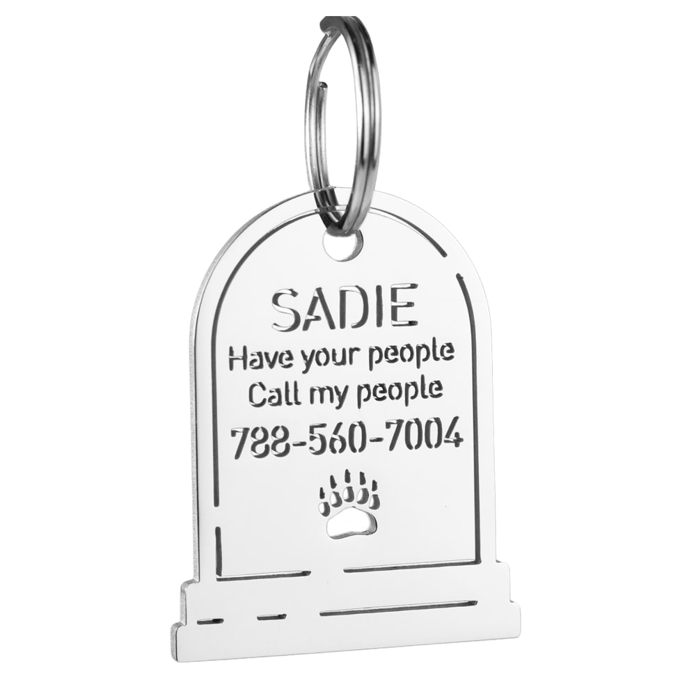 custom hollow laser-cut stainless steel tombstone dog ID tag with cut-through name lettering
