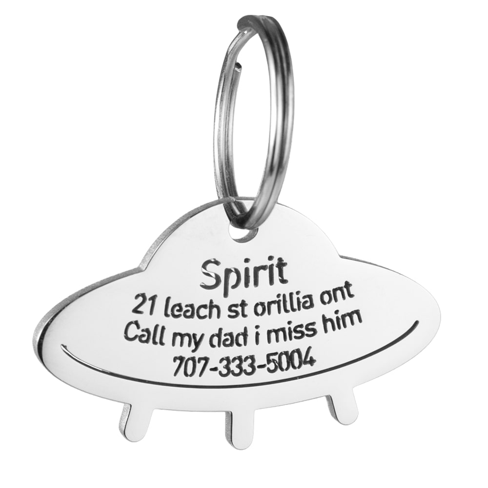 custom hollow laser-cut stainless steel ufo dog ID tag with cut-through name lettering