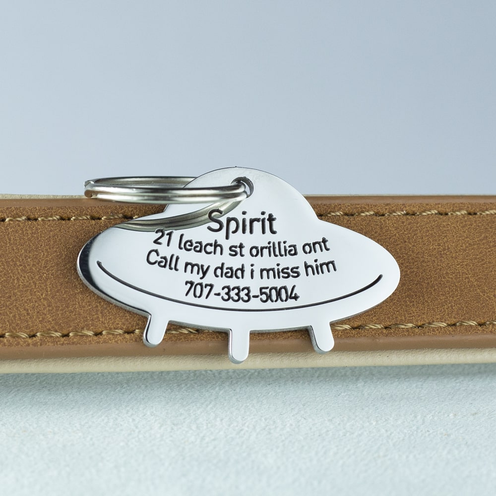 custom hollow laser-cut stainless steel ufo dog ID tag with cut-through name lettering
