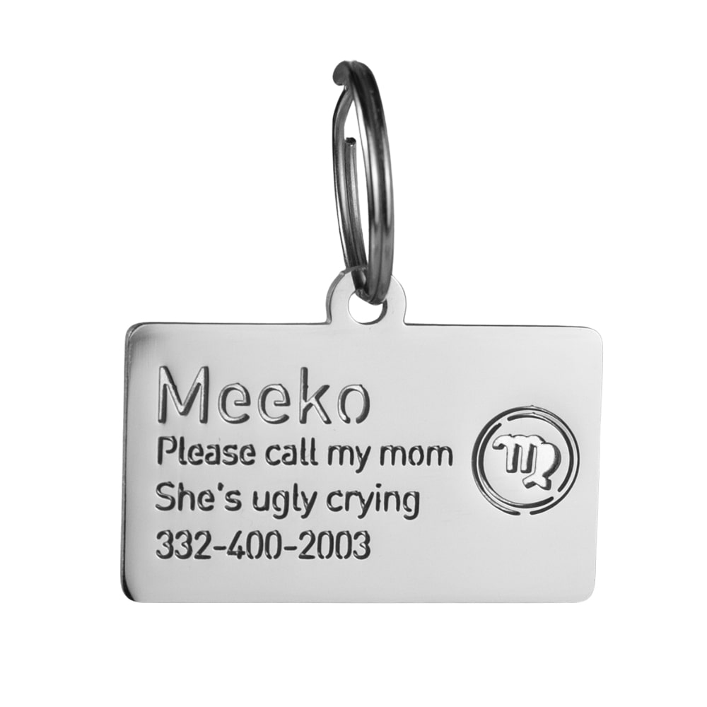custom hollow laser-cut stainless steel virgo zodiac dog ID tag with cut-through name lettering