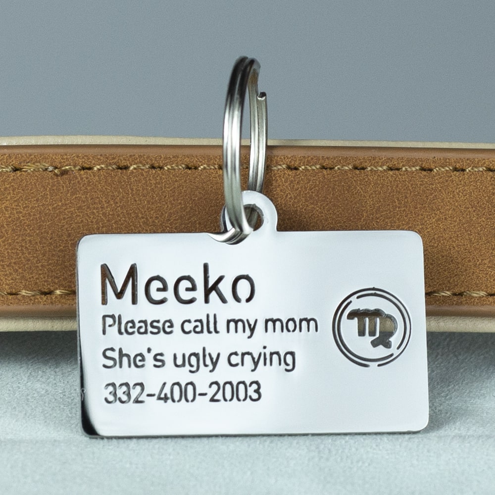 custom hollow laser-cut stainless steel virgo zodiac dog ID tag with cut-through name lettering