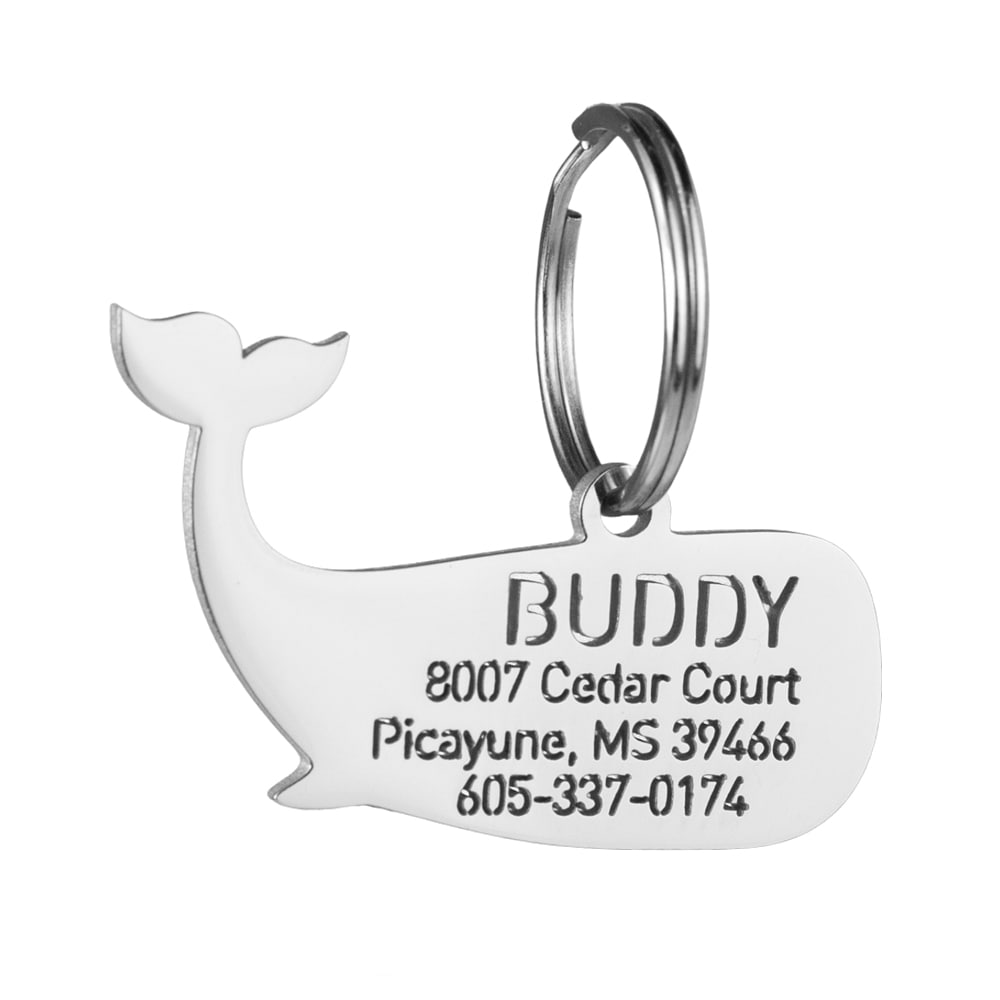custom hollow laser-cut stainless steel whale dog ID tag with cut-through name lettering