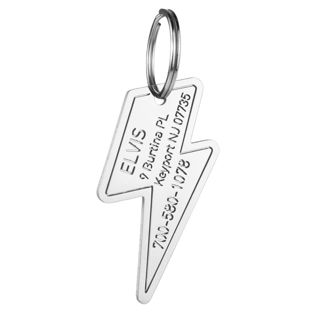 custom hollow laser-cut stainless steel lightning dog ID tag with cut-through name lettering