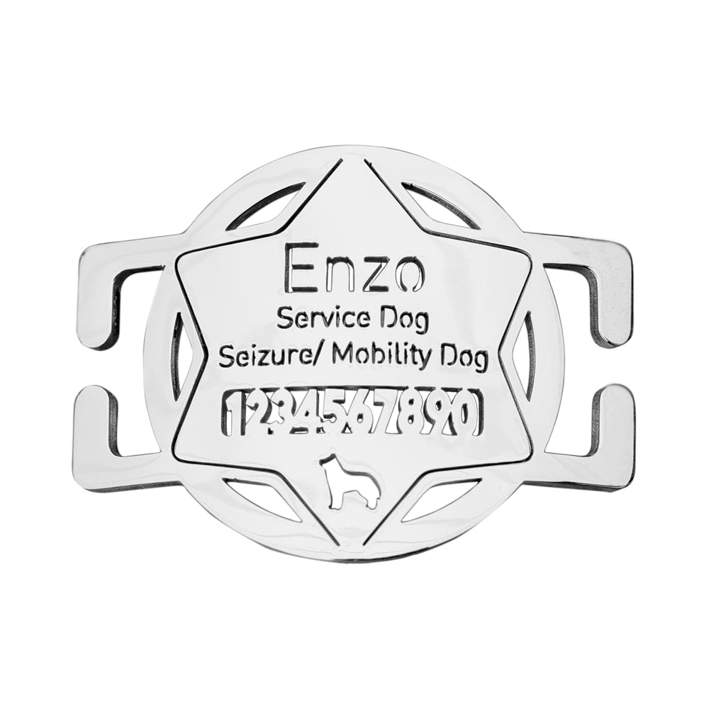 custom laser-cut stainless steel star police badge slide-on dog ID tag shown flat on a collar, with name engraving