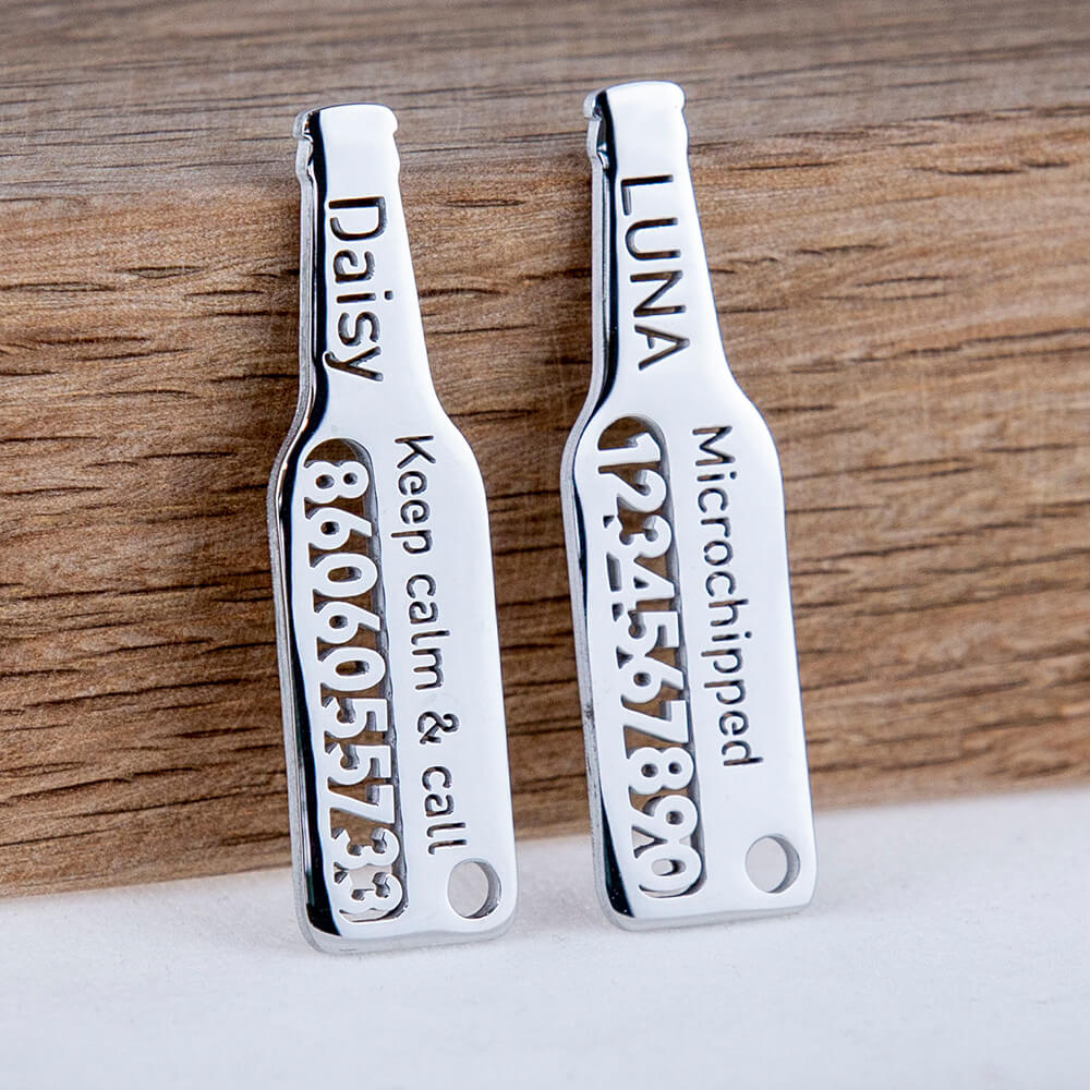custom hollow laser-cut stainless steel beer bottle dog ID tag with cut-through name lettering