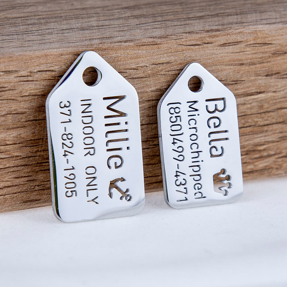 custom hollow laser-cut stainless steel small openwork dog ID tag with cut-through name lettering