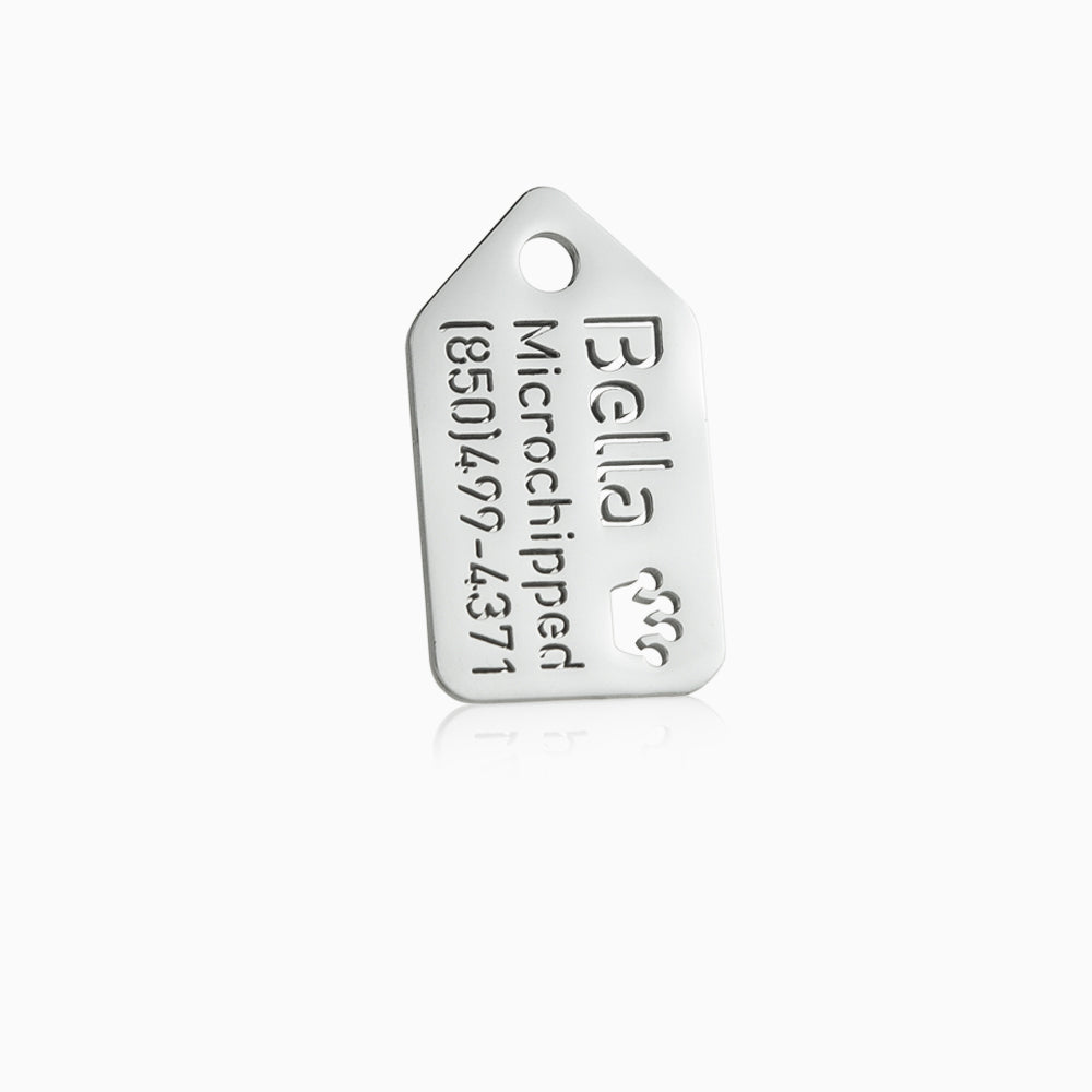 custom hollow laser-cut stainless steel small openwork dog ID tag with cut-through name lettering
