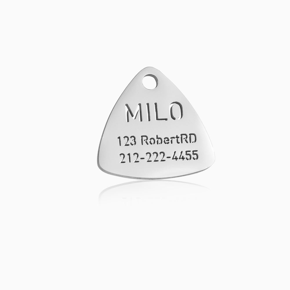custom hollow laser-cut stainless steel triangle dog ID tag with cut-through name lettering