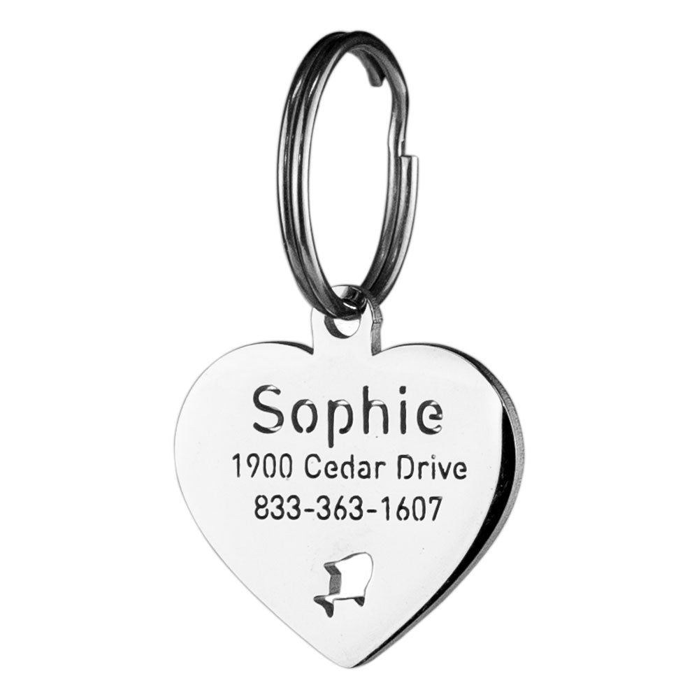 custom hollow laser-cut stainless steel heart dog tag with cut-through name lettering