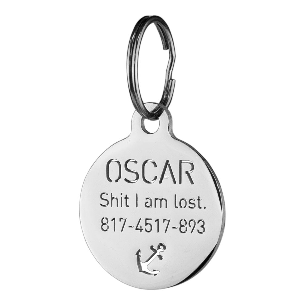 custom hollow laser-cut stainless steel small round dog ID tag with cut-through name lettering
