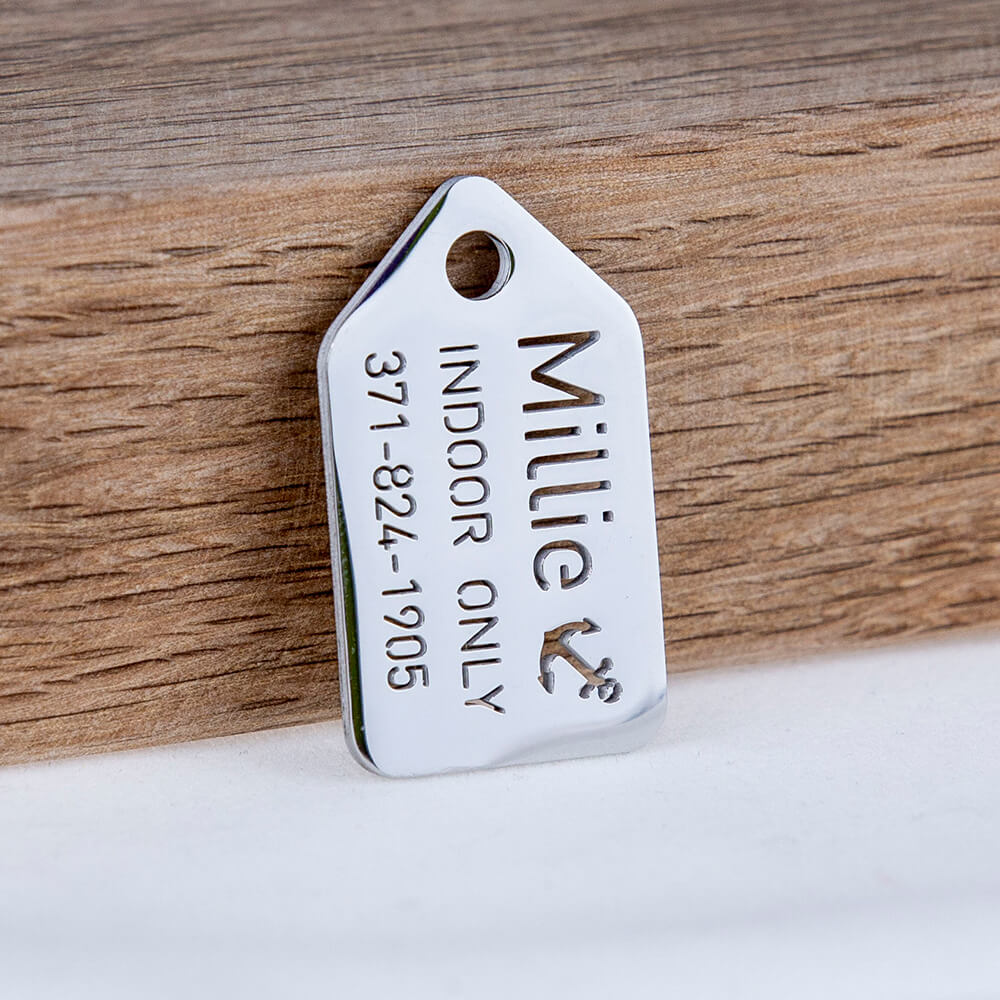 custom hollow laser-cut stainless steel small openwork dog ID tag with cut-through name lettering