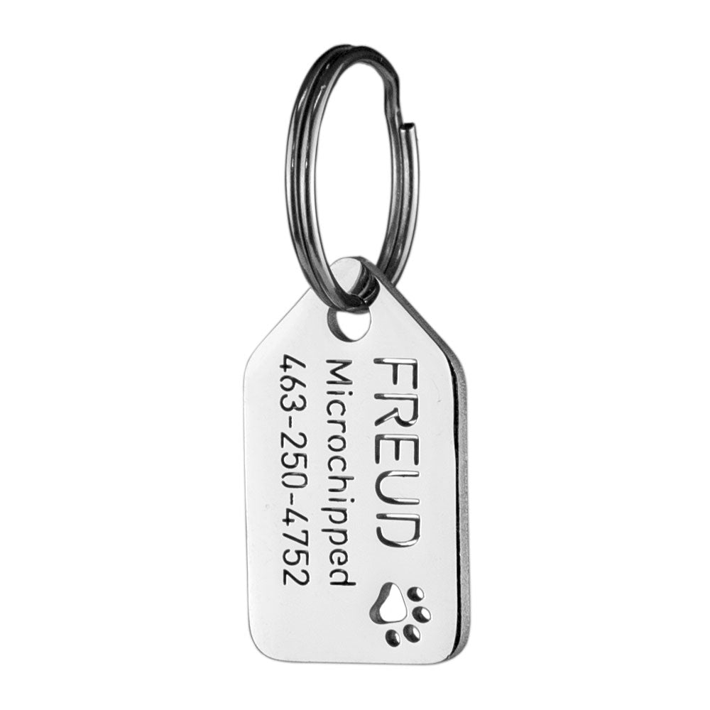 custom hollow laser-cut stainless steel small openwork dog ID tag with cut-through name lettering