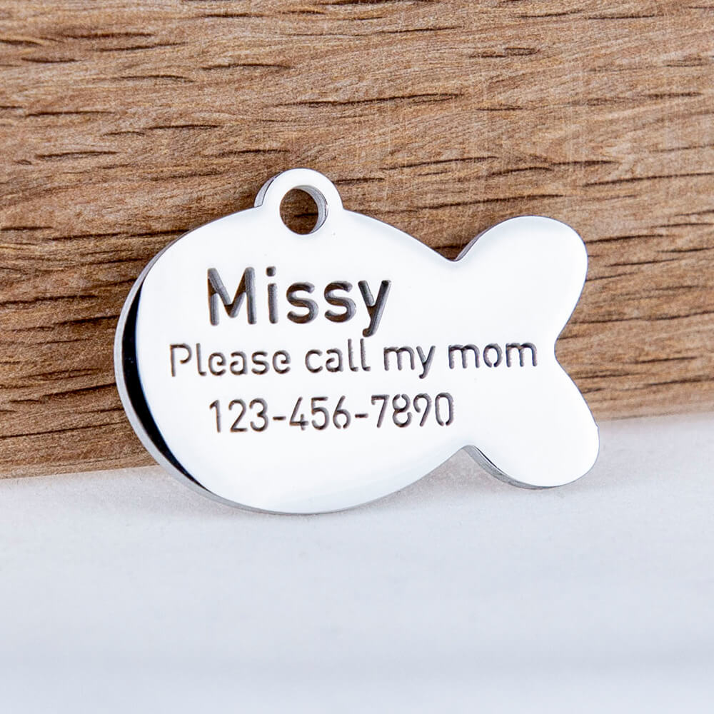 custom hollow laser-cut stainless steel fish cat tag with cut-through name lettering